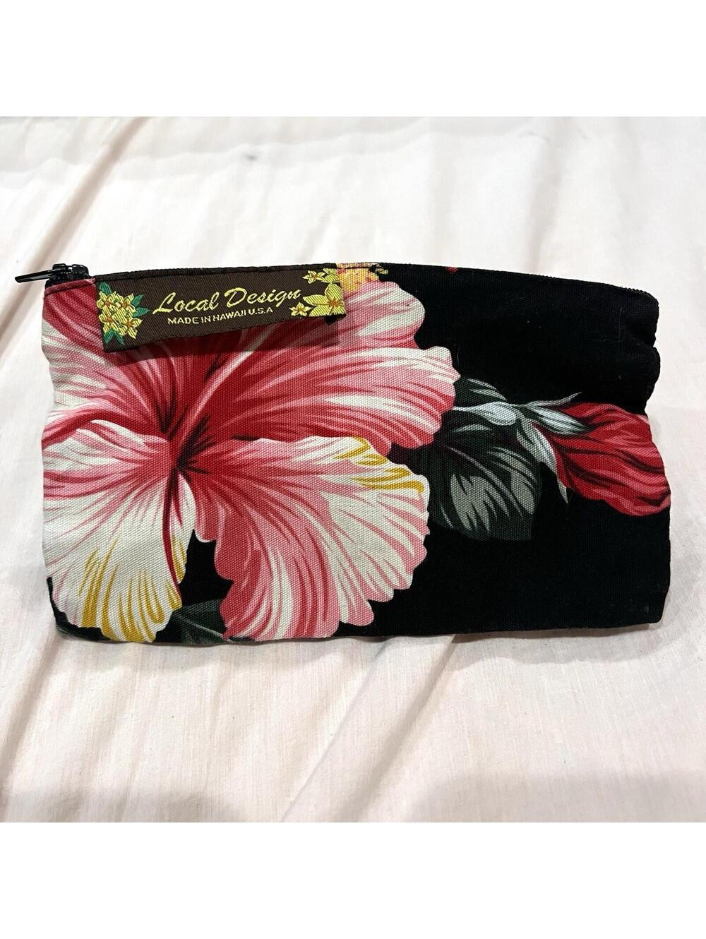 Local Design Hawaii Hibiscus Makeup Bag Zipper Pouch Black Pink Floral Canvas